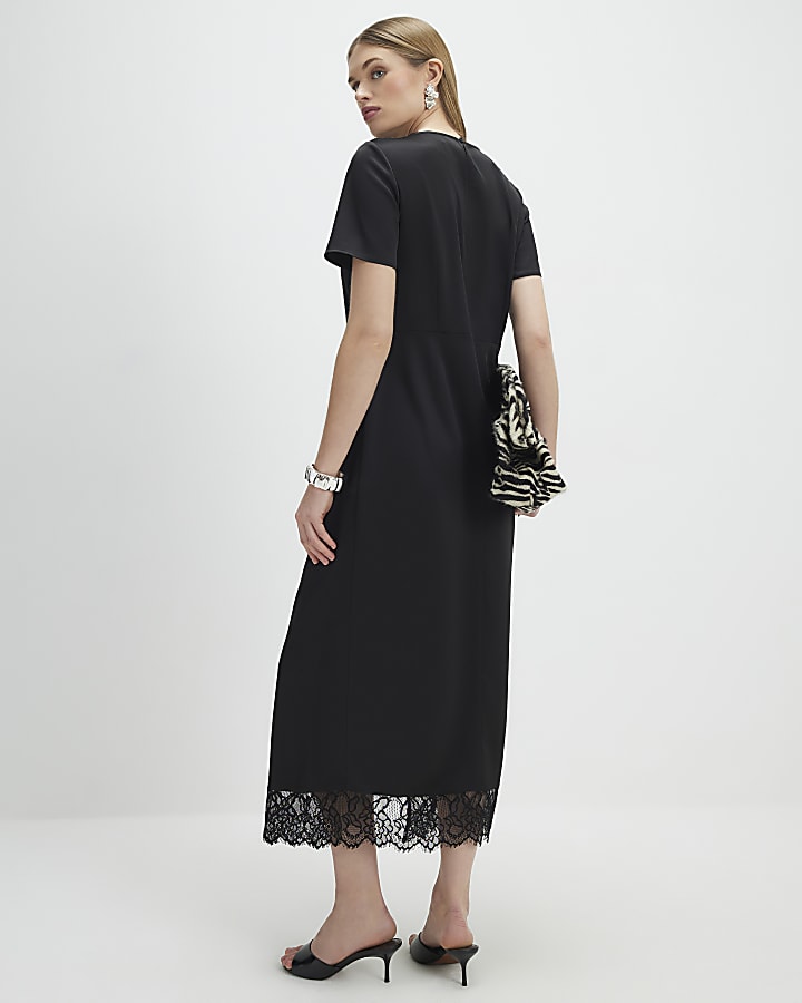 nero pizzo lato torsione midi dress