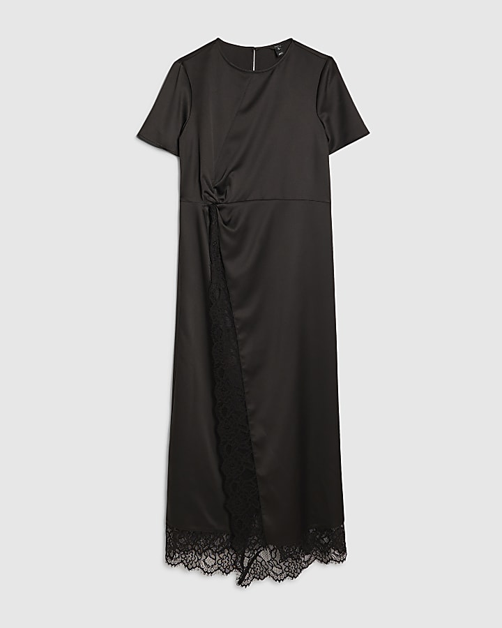 nero pizzo lato torsione midi dress