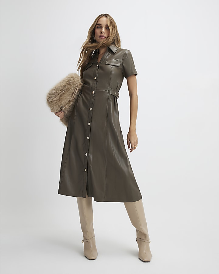 khaki ecopelle midi abito camicia