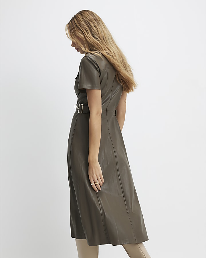 khaki ecopelle midi abito camicia