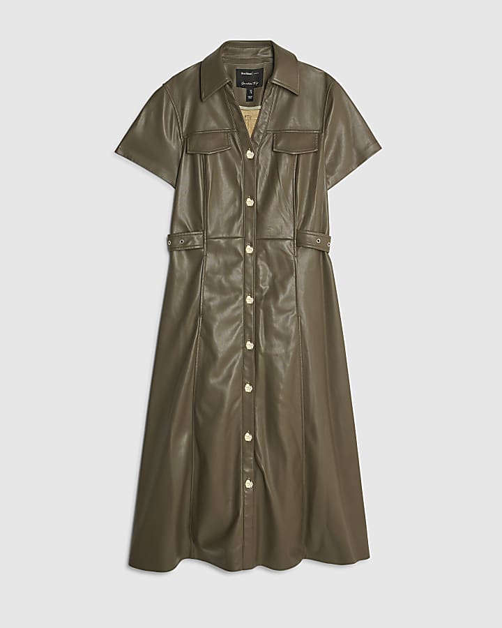 khaki ecopelle midi abito camicia