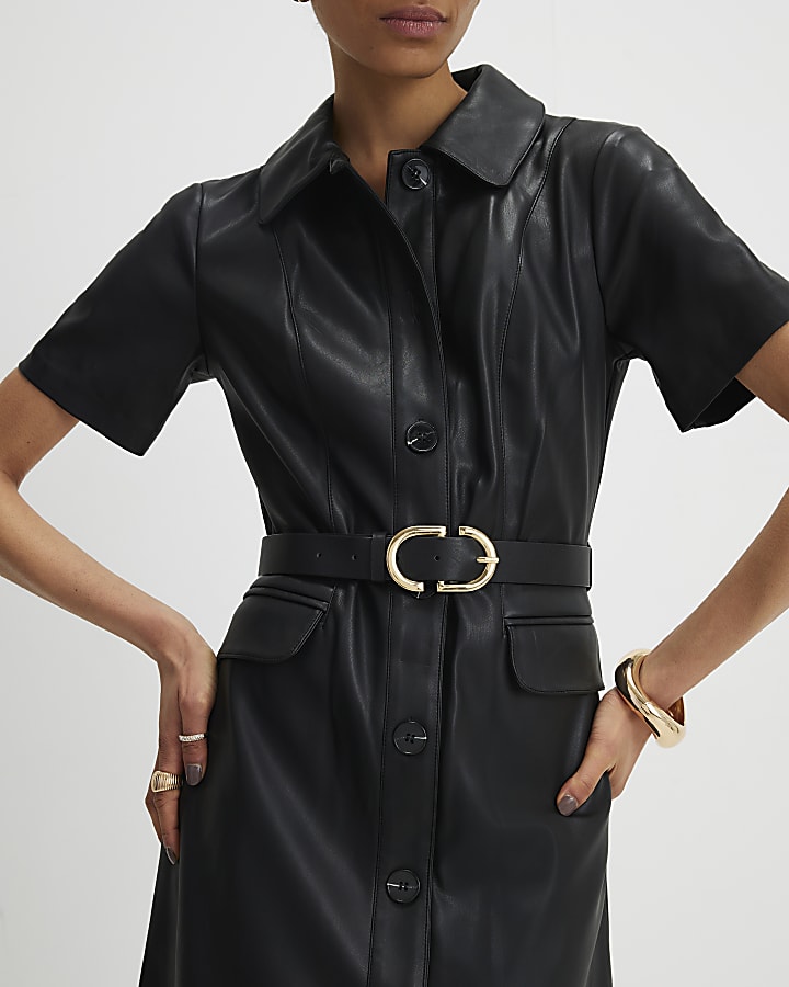 nero in ecopelle con cintura mini abito camicia