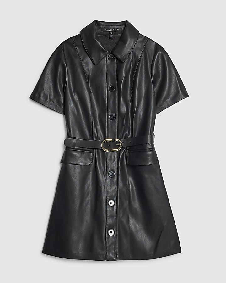 nero in ecopelle con cintura mini abito camicia