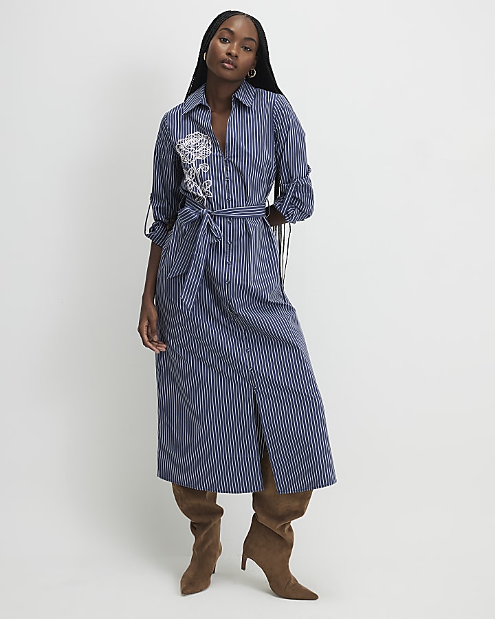 navy cravatta a righe vita midi abito camicia