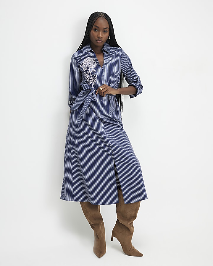 navy cravatta a righe vita midi abito camicia