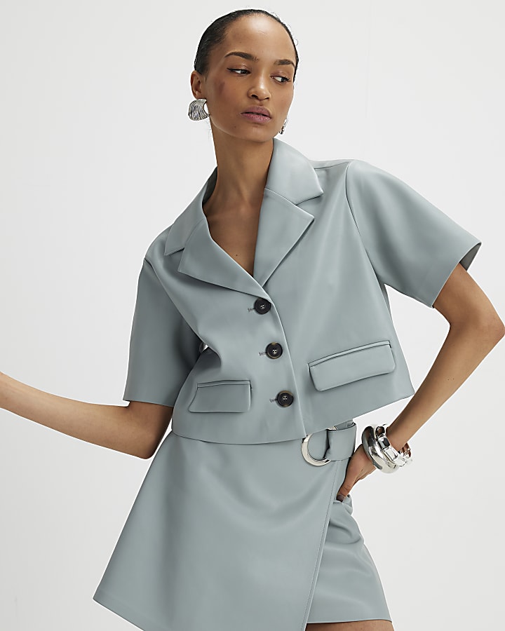 blu ecopelle revere collare ritagliata camicia
