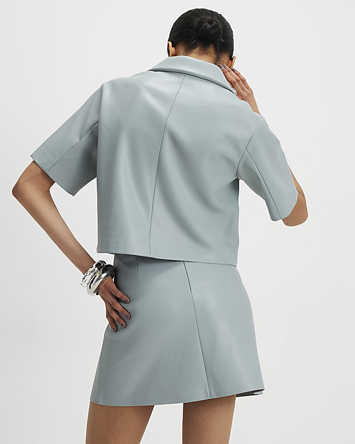 blu ecopelle revere collare ritagliata camicia