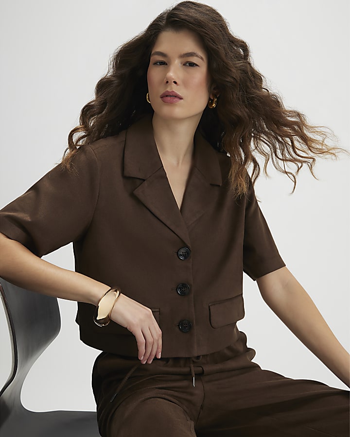 marrone finto camoscio shirt manica corta
