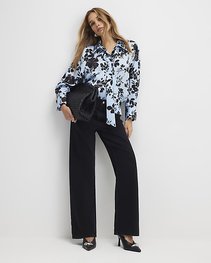 blu manica lunga stampa floreale shirt
