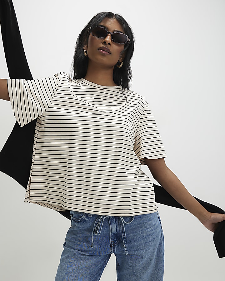 crema short sleeve top a righe