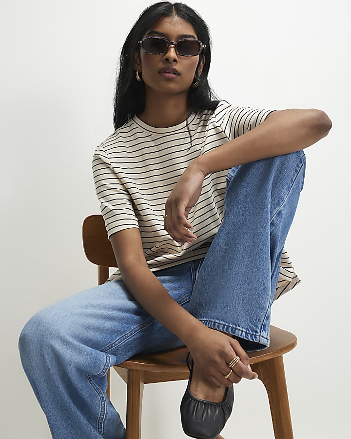 crema short sleeve top a righe