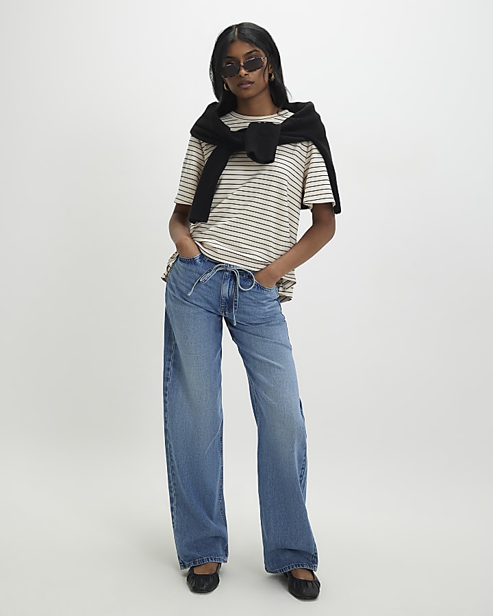 crema short sleeve top a righe