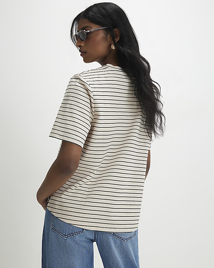crema short sleeve top a righe