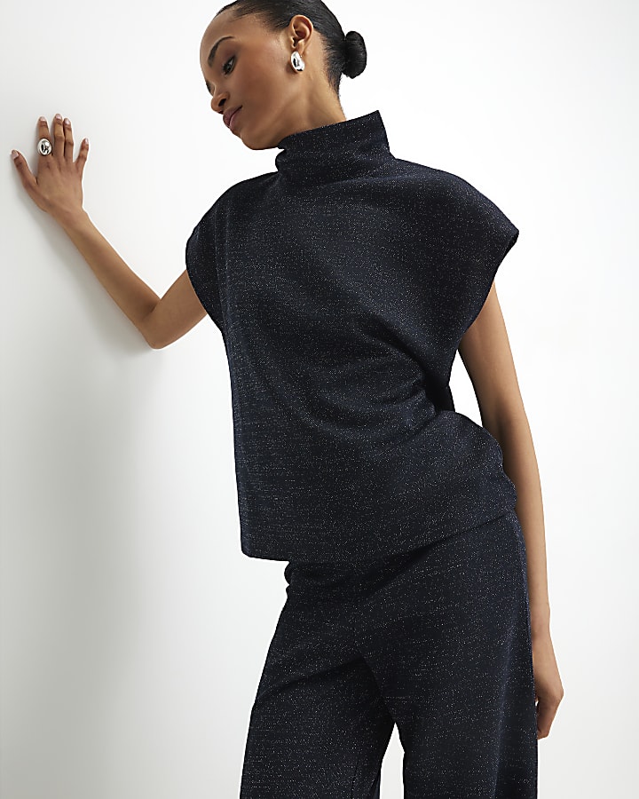 navy collo alto top in glitter
