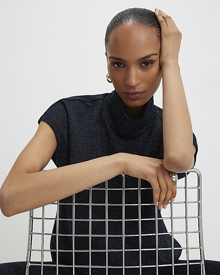navy collo alto top in glitter