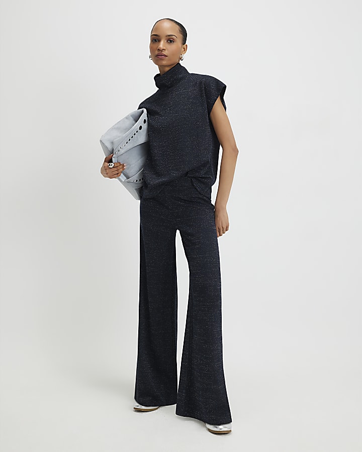 navy collo alto top in glitter