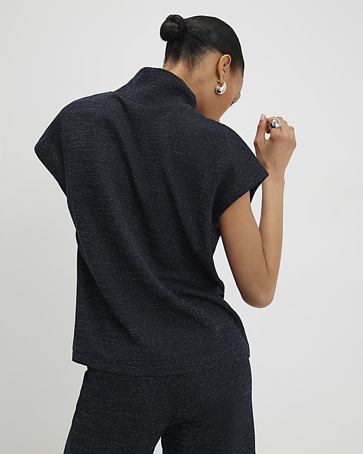 navy collo alto top in glitter