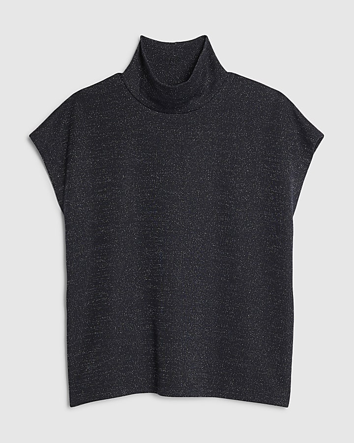 navy collo alto top in glitter