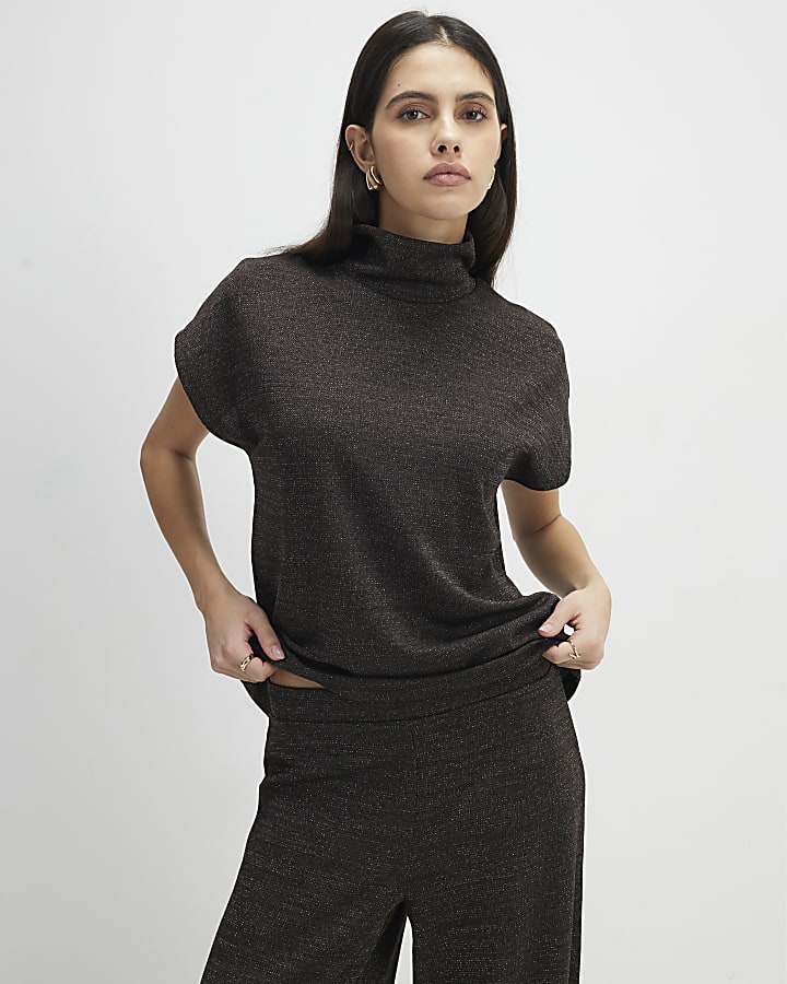 marrone collo alto top in glitter