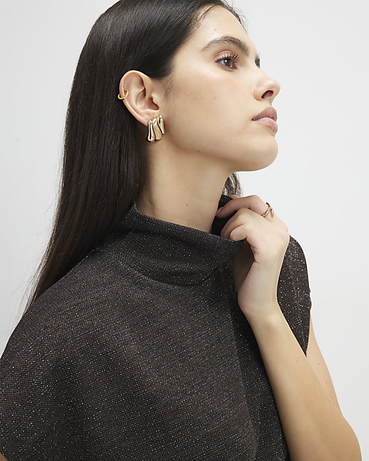 marrone collo alto top in glitter