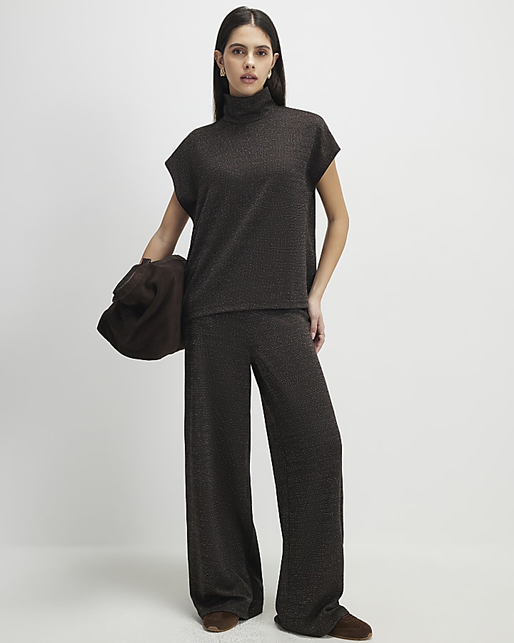marrone collo alto top in glitter