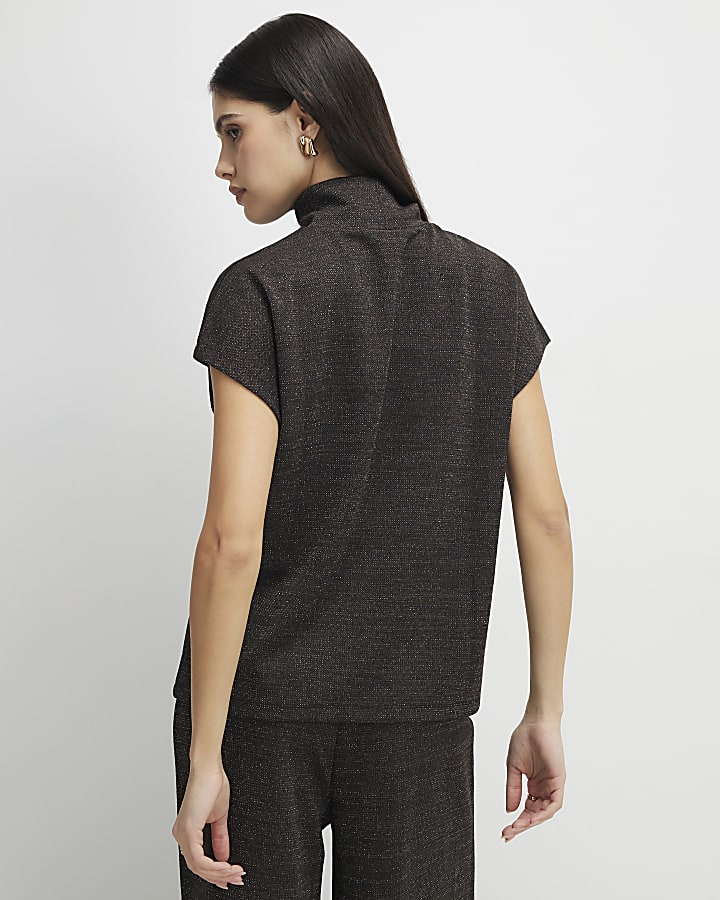 marrone collo alto top in glitter