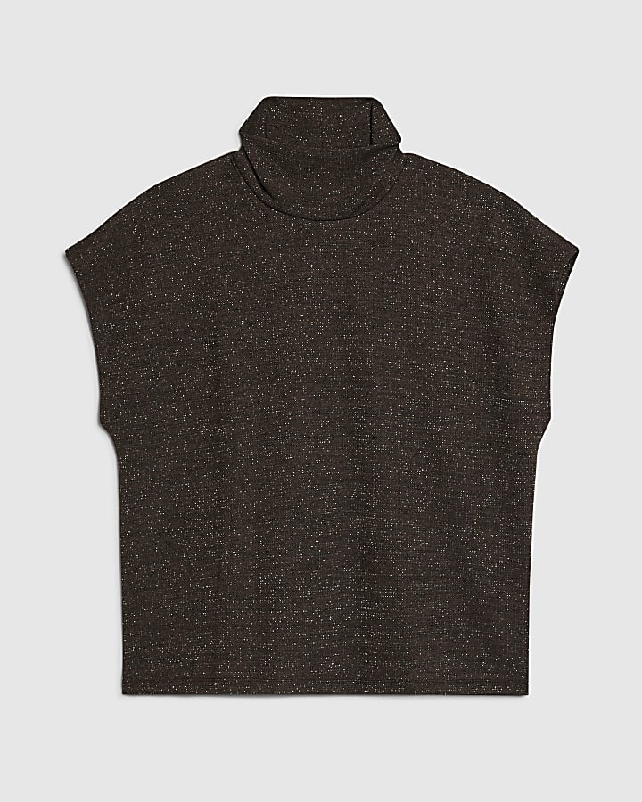 marrone collo alto top in glitter
