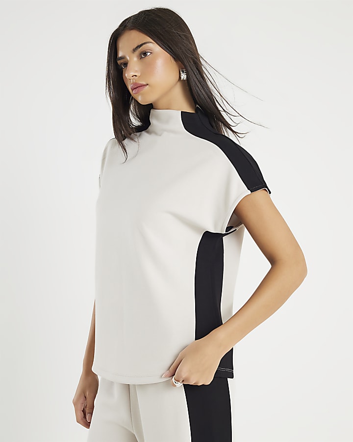 crema manica corta color block collo alto top