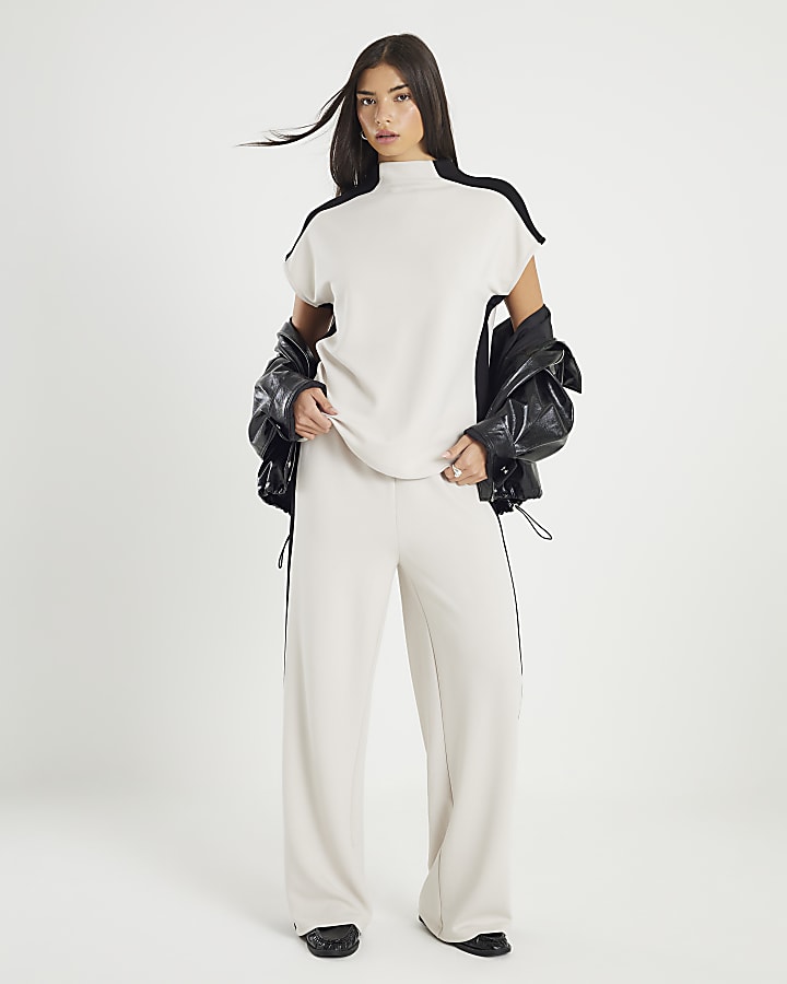 crema manica corta color block collo alto top
