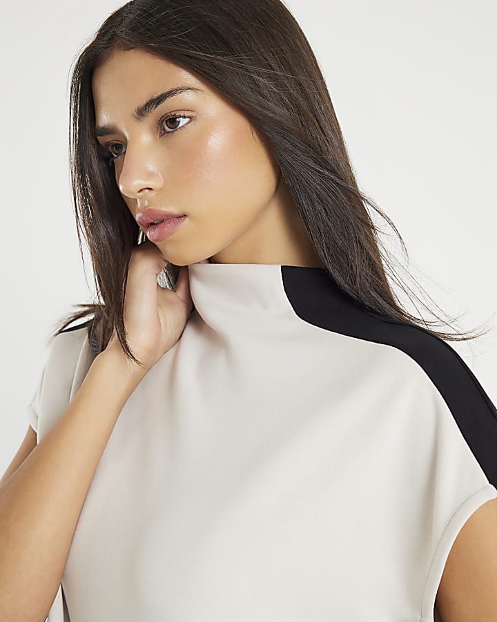 crema manica corta color block collo alto top