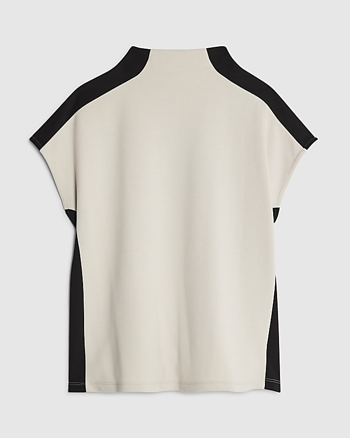 crema manica corta color block collo alto top