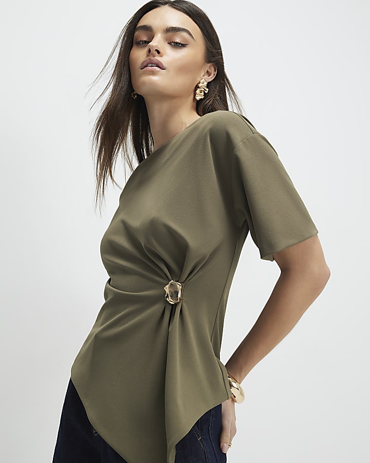 khaki manica corta lato increspato top