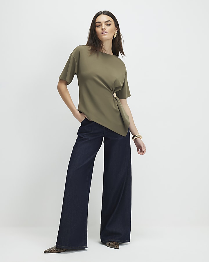 khaki manica corta lato increspato top