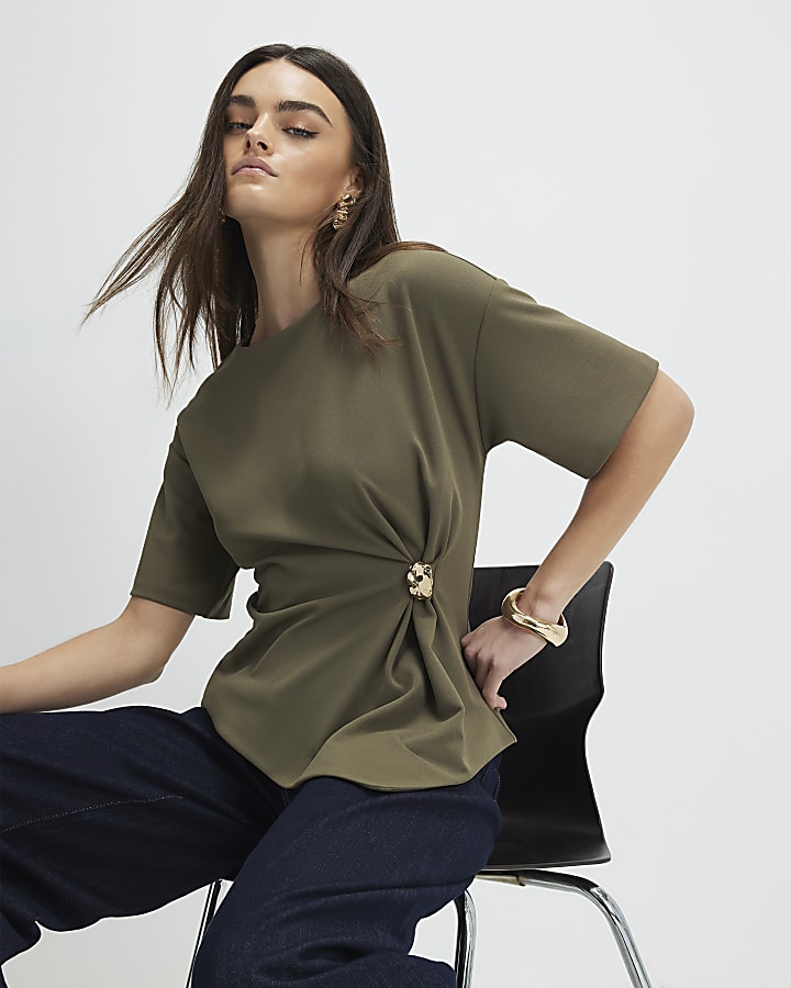 khaki manica corta lato increspato top