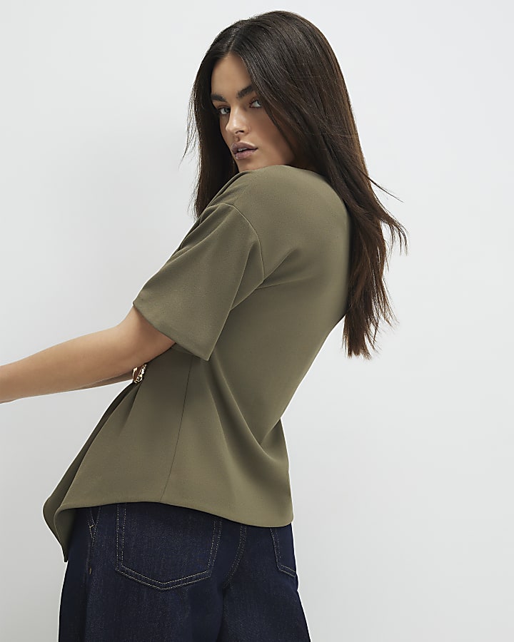 khaki manica corta lato increspato top