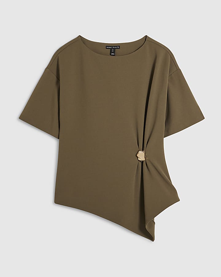 khaki manica corta lato increspato top