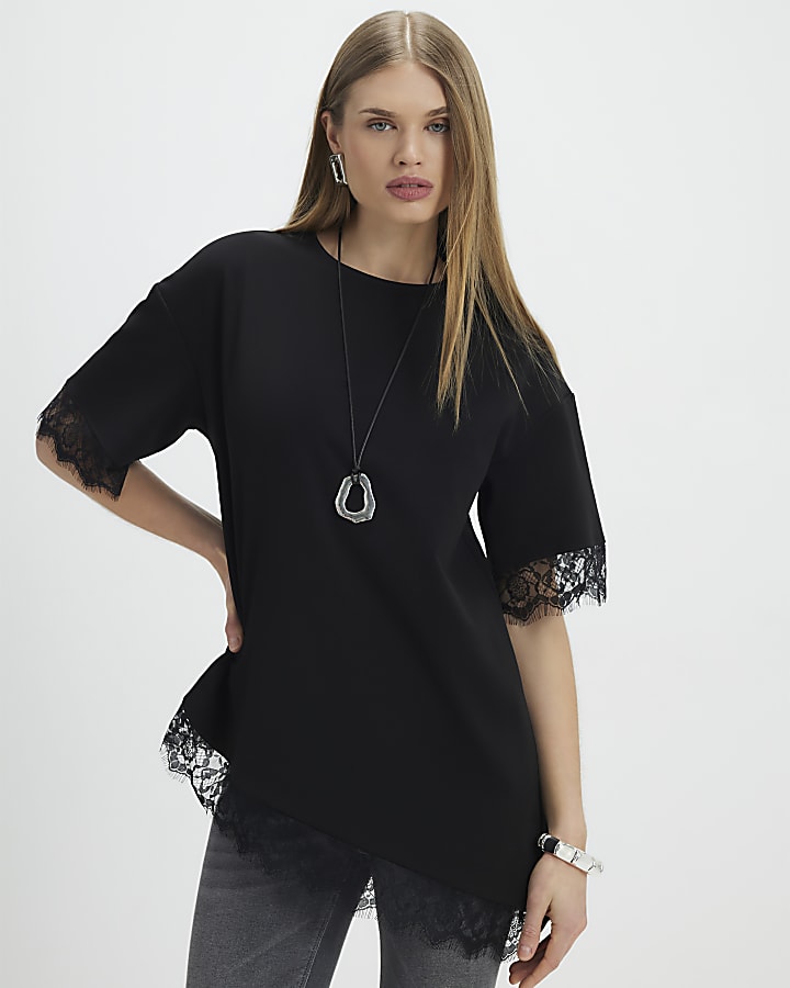 nero manica corta in pizzo asimmetrica top