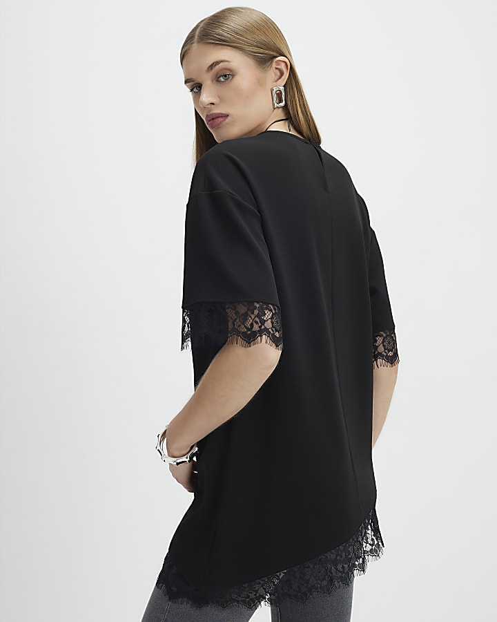 nero manica corta in pizzo asimmetrica top