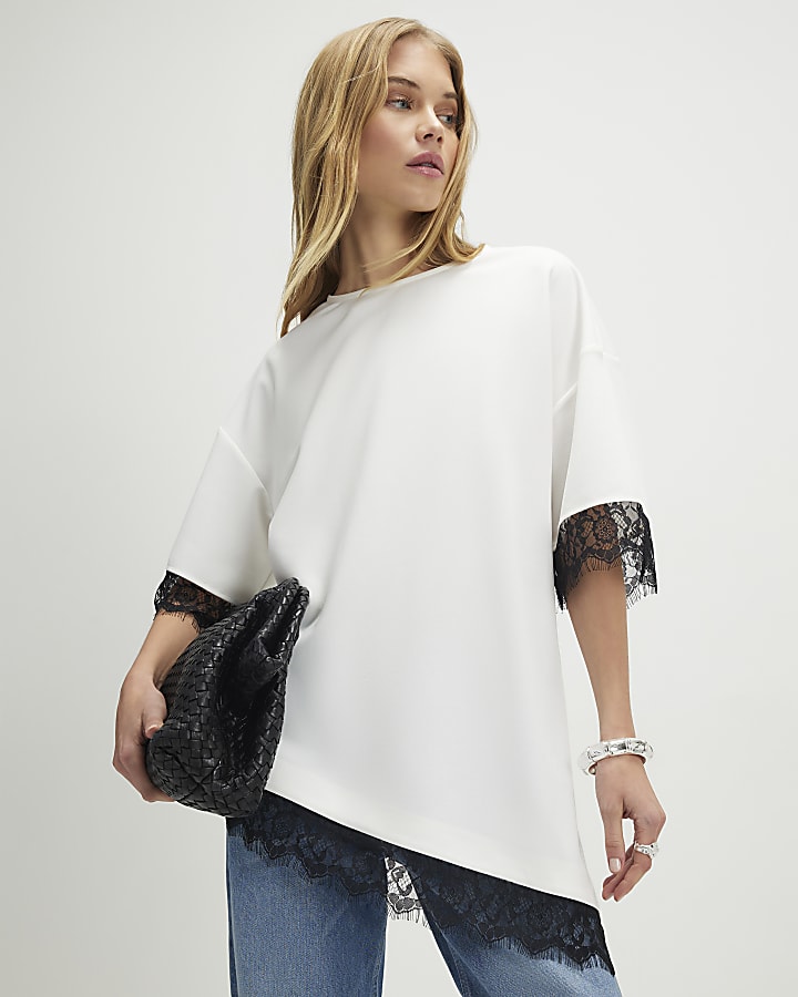 crema manica corta in pizzo asimmetrica top
