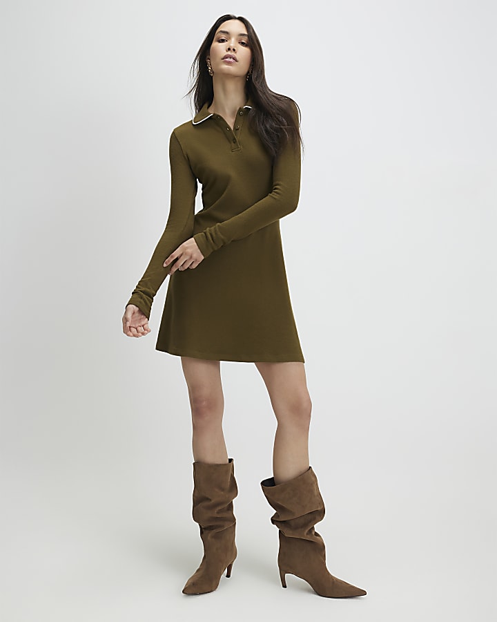khaki accogliente fit e flare abito mini