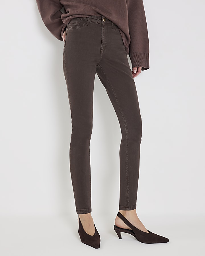 marrone mid rise skinny jeans