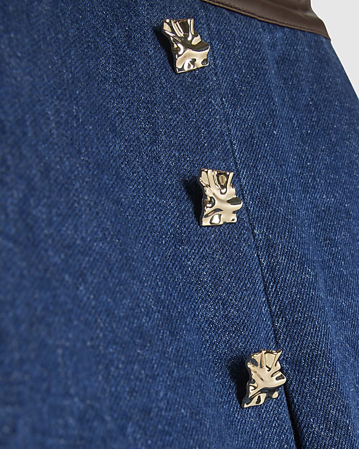 blu denim faux pelle a pieghe mini skort