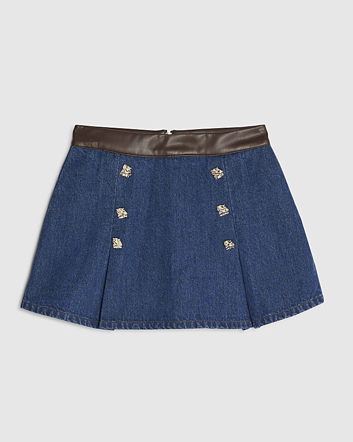 blu denim faux pelle a pieghe mini skort