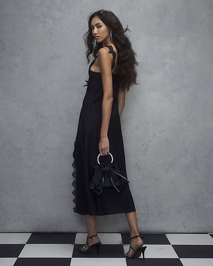 nero pizzo gessato midi dress