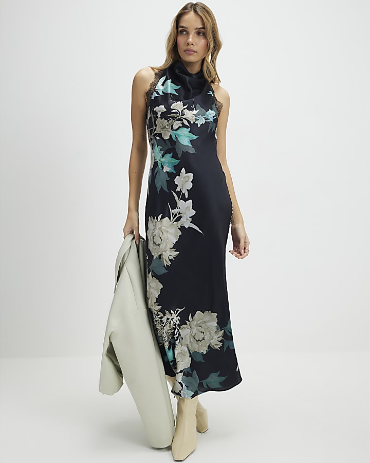 nero con stampa floreale e pizzo abito-sottoveste