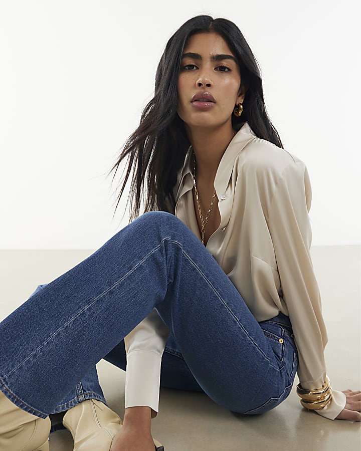 blu a vita alta elasticizzato straight leg jeans