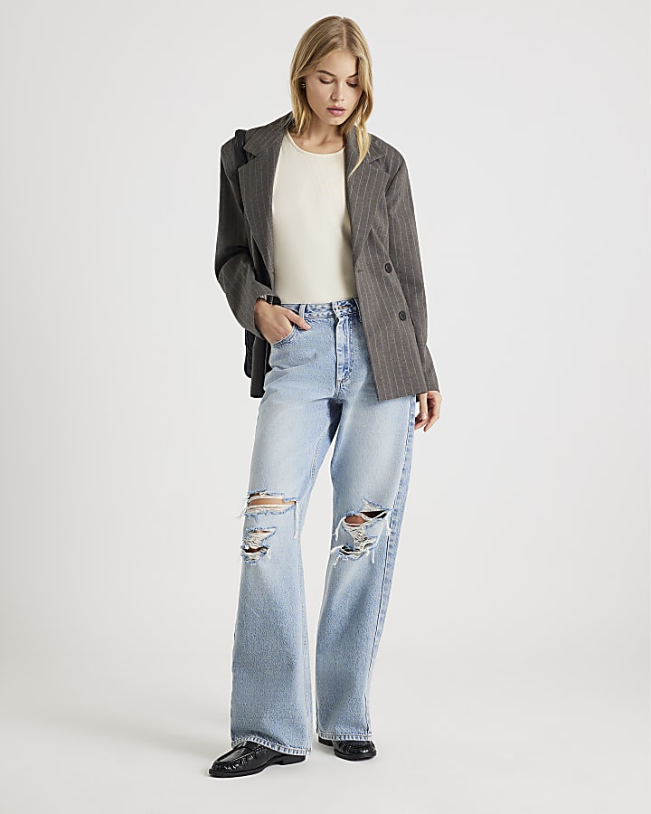 blu high rise relaxed straight jeans strappati