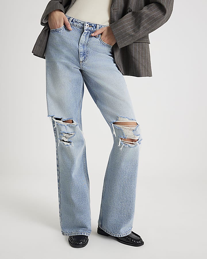 blu high rise relaxed straight jeans strappati