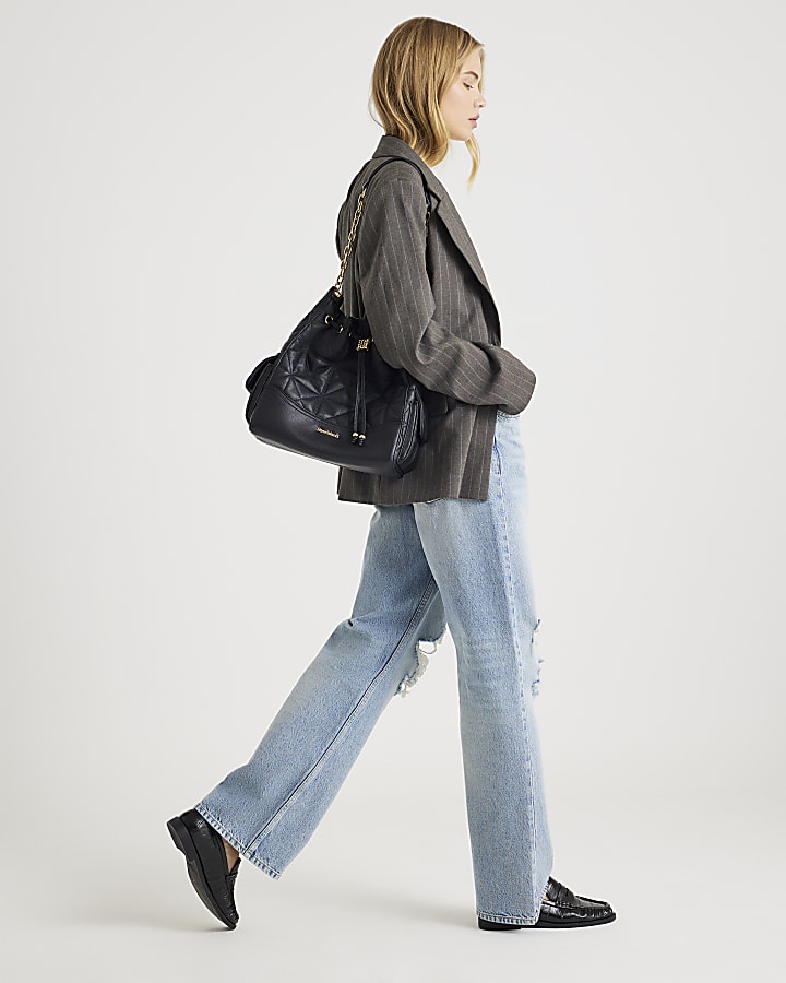 blu high rise relaxed straight jeans strappati