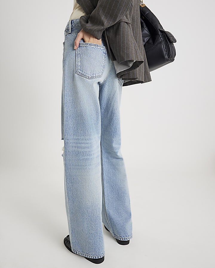 blu high rise relaxed straight jeans strappati